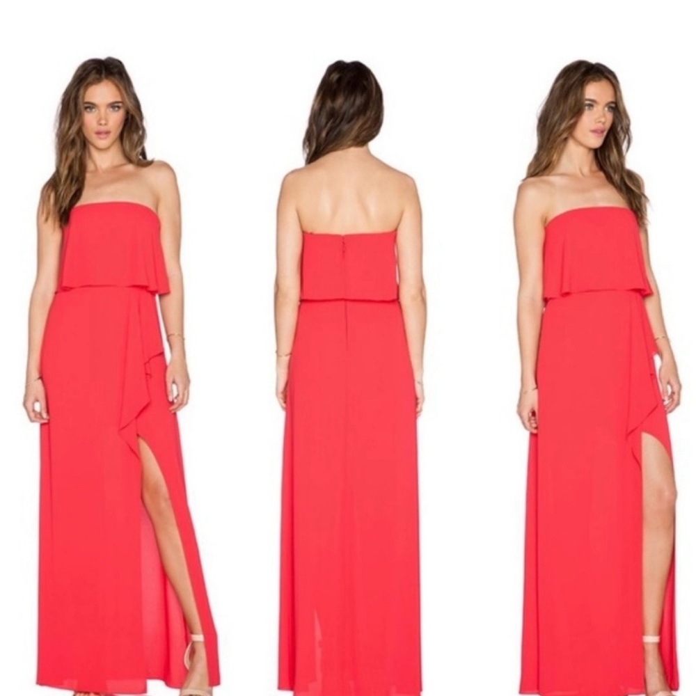 BCBG Strapless Coral-Red Maxi Dress with Side Slit